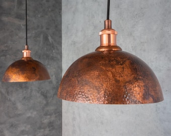 Lámpara colgante de cúpula de cobre macizo, luminaria antigua oxidada para isla de cocina.