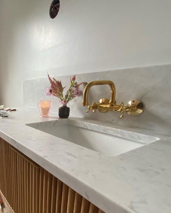 Unlacquered Brass Wall Faucet, Bathroom Sink Faucet, Sink Tap With Swivel Spout, 2 Handles Faucet, Wall Mount Bridge Faucet