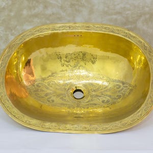 Engraved Brass Drop-in Sink, Bathroom Oval Basin, Vanity Basin Sink, Semi-recessed Basin, Brass Oval Sink