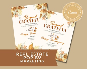May include: Two Thanksgiving-themed real estate marketing postcards with watercolor illustrations of fall leaves, pine cones, and pumpkins. The text reads "Beyond Grateful" and "Happy Thanksgiving".