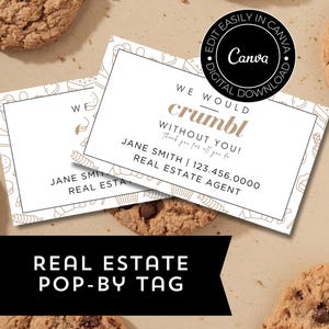 Puede incluir: Tarjeta de visita blanca para bienes raíces con un contorno marrón de galletas y el texto "We would crumble without you!" y "Jane Smith | Real Estate Agent".