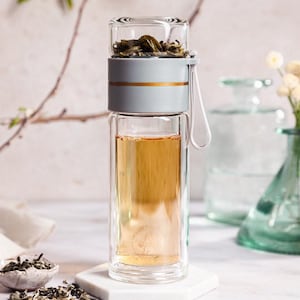 Glass Tea Tumbler with Infuser • Double Wall Borosilicate Glass Bottle • Travel Tea Mug • Loose Leaf Tea Brewer • 8 oz