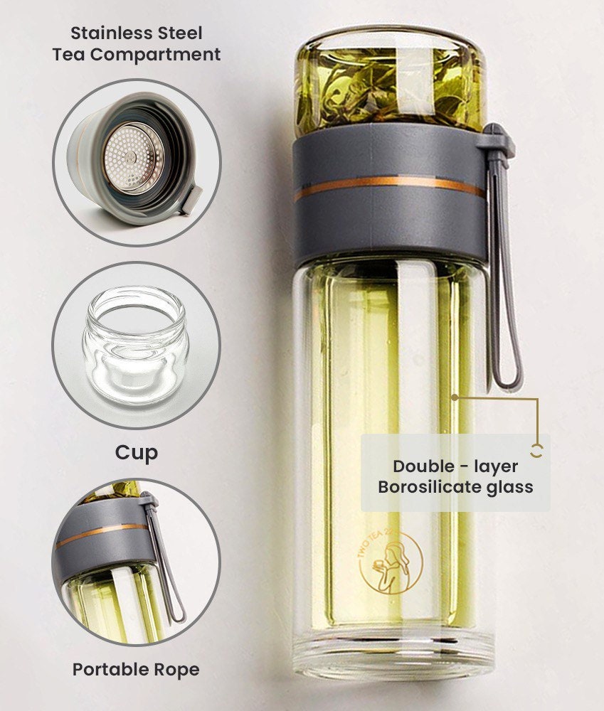 Doublelayer Glass Tea Tumbler grey, Borosilicate Glass, With Stainless