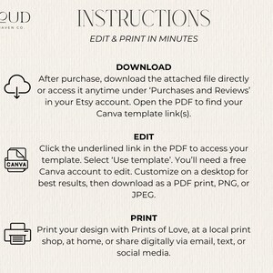 以下が含まれることがあります： 「CLOUD NINE HAVEN CO.」と「INSTRUCTIONS EDIT & PRINT IN MINUTES」のテキストが入った、クリーム色のデジタルダウンロードの説明。ダウンロード、Canvaでの編集、印刷の手順が含まれています。雲、Canvaのロゴ、プリンターのアイコン。