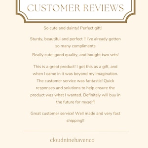 May include: A cream-coloured graphic featuring customer reviews. The text at the top reads "CUSTOMER REVIEWS". The reviews highlight product quality and customer service. The shop's name, cloudninehavenco, is at the bottom.