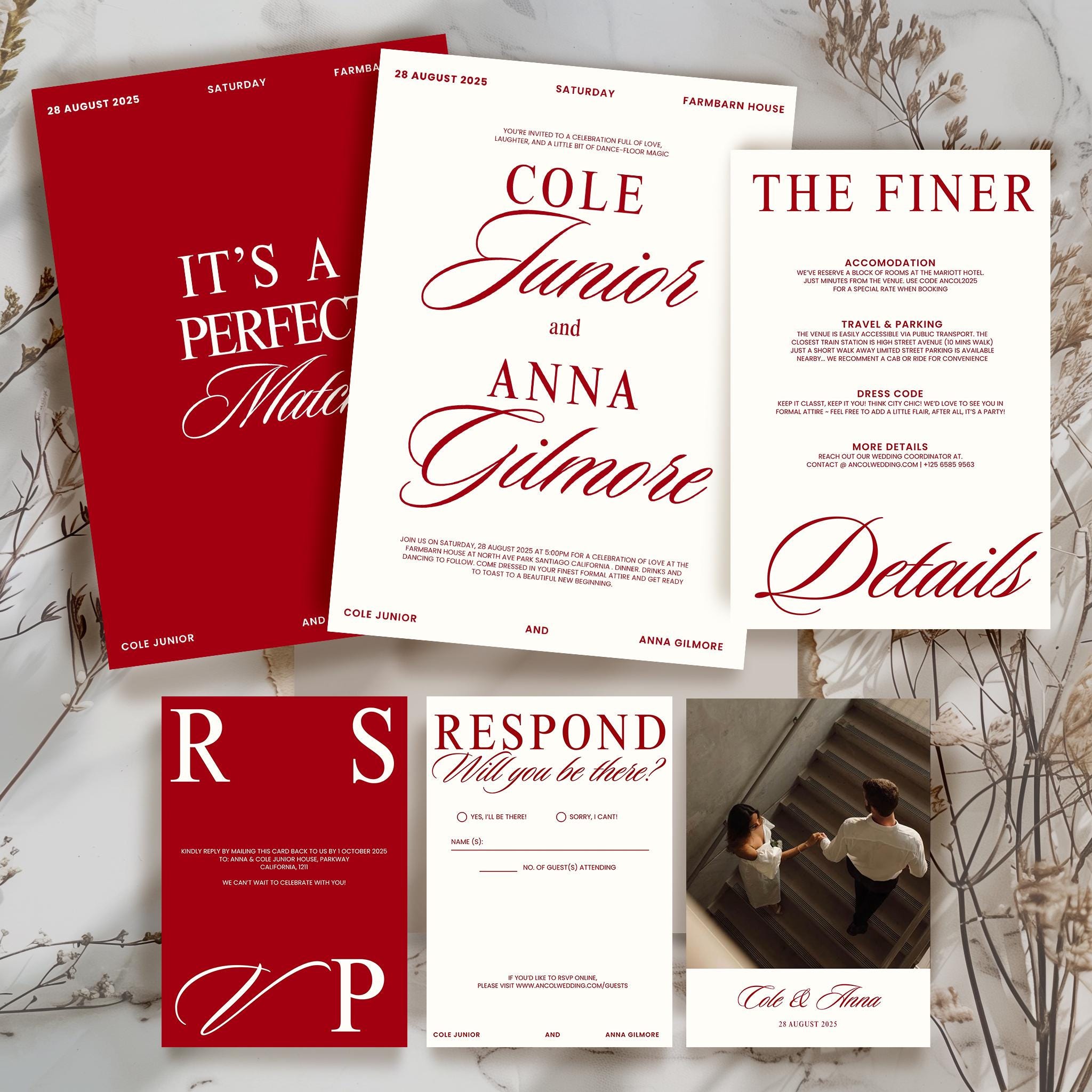 Old Money Wedding Digital Invitation Suite Classic Rich Red and Cream Elegant Vintage Inspired Wedding Stationery DIY Printable Invite Set