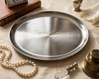 Personalized Wedding Gift Engraved Decorative Tray Custom Anniversary Platter Stainless Steel Round Hostess Present Monogrammed Metal Server