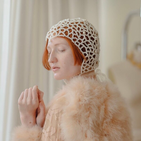 Handmade Acrylic and Glass Beaded Pearl Bonnet - Vintage Style, Flapper 1920s Headpiece, Wedding 1930s Bride Dune Irulan