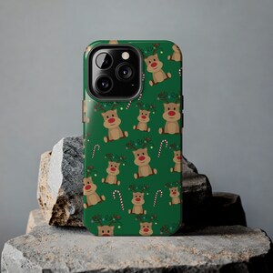 Reindeer and Candy Cane iPhone Tough Phone Cases, Christmas iPhone Case, iPhone 11, iPhone 12, iPhone 13, iPhone 14,  Green Case