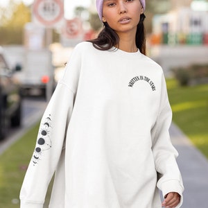 Written in the Stars Zodiac Sleeve Printed Sweatshirt, Gildan Unisex Heavy Blend™ Crewneck, Moon Phases Sweatshirt, Star Sign Gift Ideas