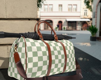 Custom Green Check Waterproof Travel Bag, Leather Duffle Bag, Weekend Bag, Bachelorette Party Favors, Clean Girl Aesthetic, Retro Check