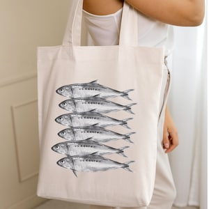 Borsa tote sardina, disegno ad acquerello, Lisbona, borsa tote chic, pesce in scatola, borsa pesce in scatola, borsa mediterranea, estate europea, estetica