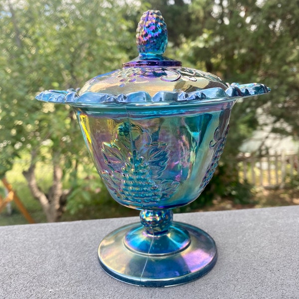 Indiana Glass Harvest Blue Carnival Candy Dish