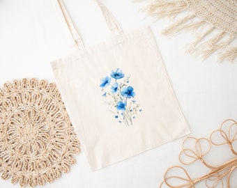 Draagtas met aquarel wilde bloemen | Botanische draagtas met wilde bloemen | Blauwe katoenen draagtas met bloemendessin