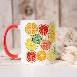 Taza de cerámica con cítricos, colorida taza de té cottagecore, taza de té con temática de frutas, taza de cerámica con limón, lima, naranja y pomelo.