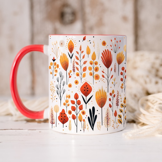 Autumn Forest Mug, Botanical Flowers and Leaves Ceramic Mug, Boho Woodland Mug, Wildflower Plants Trees Colour Handle Mug, Autumn Gifts