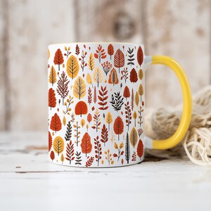 Red Forest Mug, Autumnal Leaves and Trees Ceramic Mug, Fallen Leaves Boho Mug, Botanical Nature Woodland Mug, Cottagecore Mug, Autumn Gifts