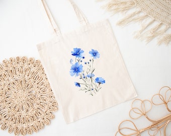 Blauwe draagtas met aquarel wilde bloemen | Botanische draagtas met wilde bloemen | Katoenen draagtas met bloemendessin