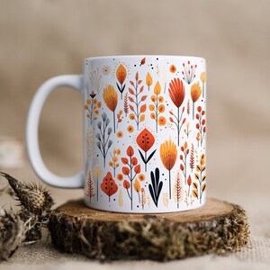 Autumn Forest Mug, Boho Orange Flowers and Leaves Ceramic Mug, Botanical Autumnal Mug, Nature Mug, Woodland Aesthetic Mug, Autumn Gifts
