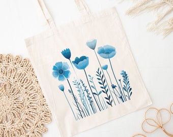 Blauwe boho-tas met wilde bloemen | Botanische draagtas met wilde bloemen | Katoenen draagtas met bloemen