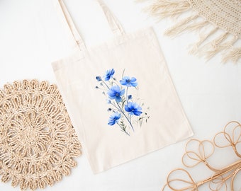 Blauwe draagtas met aquarel wilde bloemen | Botanische draagtas met wilde bloemen | Blauwe katoenen draagtas met bloemendessin