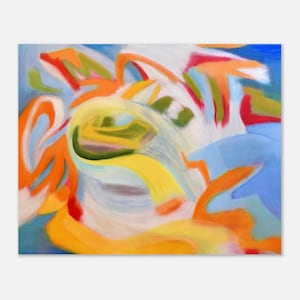 May include: Abstract painting with swirling shapes in shades of blue, orange, yellow, green, and red.