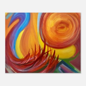 Può includere: Dipinto astratto con forme vorticose in tonalità di rosso, arancione, giallo e blu. Il dipinto ha un'atmosfera dinamica ed energica.