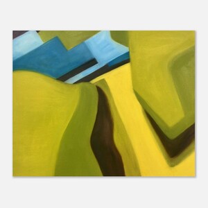 May include: Abstract painting with geometric shapes in shades of green, yellow, blue, and black.