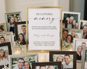 May include: A gold-framed memorial sign with black text reading IN LOVING memory, Of those who cannot be here today, but are forever present in our hearts, today and always, and names of the deceased, surrounded by various framed photographs.