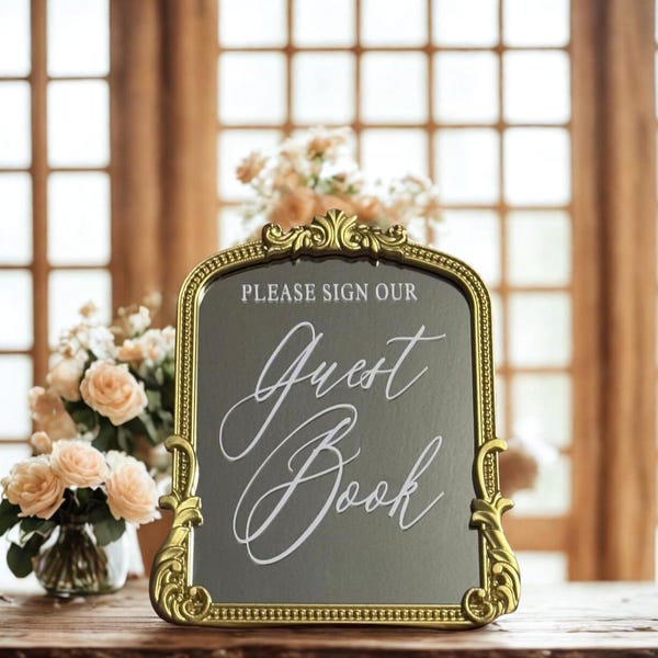 Gold Frame Wedding Guestbook Mirror Sign: Modern Elegant Decor (11.8x9.5")