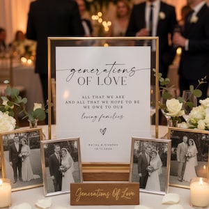 May include: A wedding sign in a gold frame with the text generations OF LOVE, ALL THAT WE ARE AND ALL THAT WE HOPE TO BE WE OWE TO OUR loving families, a heart icon, and the names Kelley & Stephen with the date 10.11.2026, flanked by four framed photos.