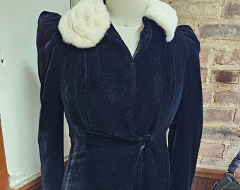 1940s Velvet Opera Coat with Rabbit Fur Collar
