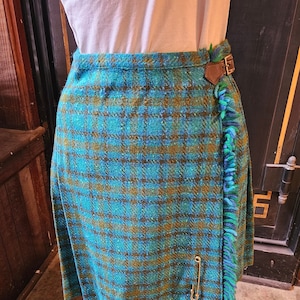 1960&#39;s Teal/Olive Kilt style Wool Skirt
