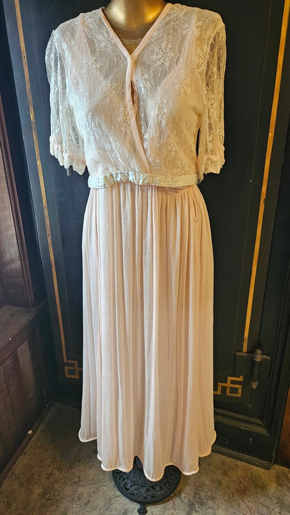 1920's Pink Silk Boudior Dress with Lace Jacket