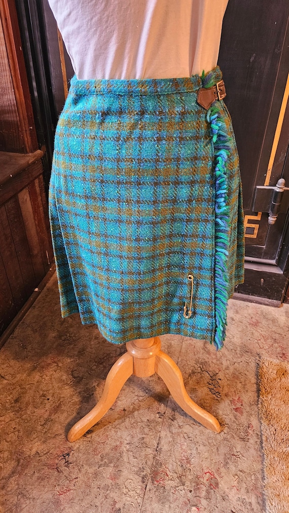 1960's Teal/Olive Kilt style Wool Skirt