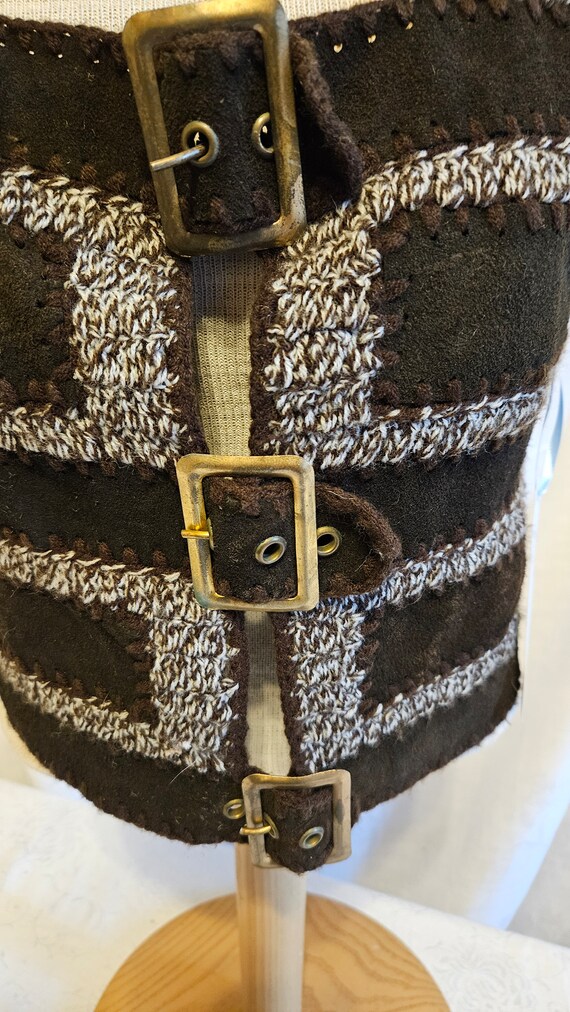 1970s Brown Swede & Knit Buckle Front Vest - image 2