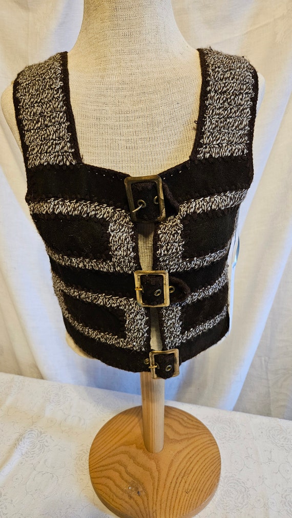 1970s Brown Swede & Knit Buckle Front Vest - image 1