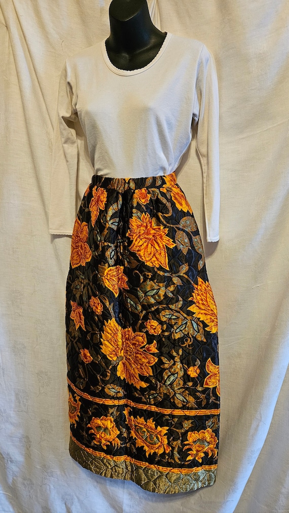 1970s Printed Satin Quilted Maxi-Skirt