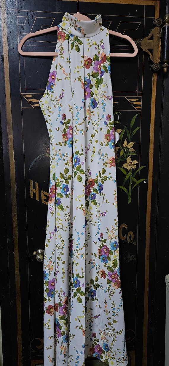 1970's Halter Gown White with Floral Print