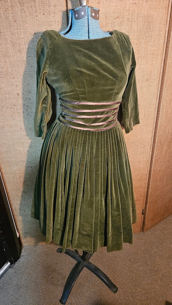 1950's Olive Cotton Velvet Party Dress