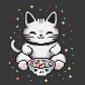 May include: A white cat with a happy expression sits on a black background and holds a bowl of colorful cereal. The cat is surrounded by confetti.