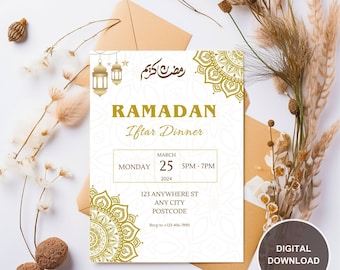 May include: A white and gold Ramadan Iftar Dinner invitation with a decorative mandala design. The invitation includes the date, time, and location of the event. RSVP information is also included.