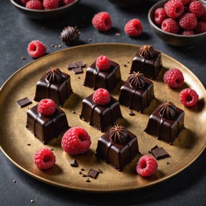 Può includere: Un vassoio dorato mostra diversi dessert al cioccolato quadrati sormontati da lamponi freschi e decorazioni di cioccolato. Intorno al piatto sono sparsi altri lamponi e pezzi di cioccolato. Due ciotole di lamponi sono sullo sfondo.