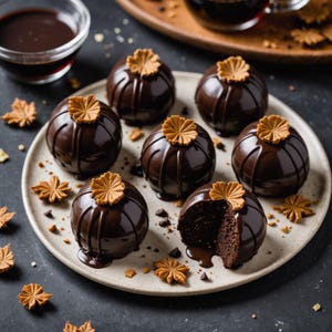 May include: A plate of chocolate desserts. The dark brown, spherical treats are drizzled with chocolate and topped with a light brown, leaf-shaped decoration. One dessert is cut open, revealing a dark interior. Chocolate sauce and leaf-shaped cookies surround the plate.