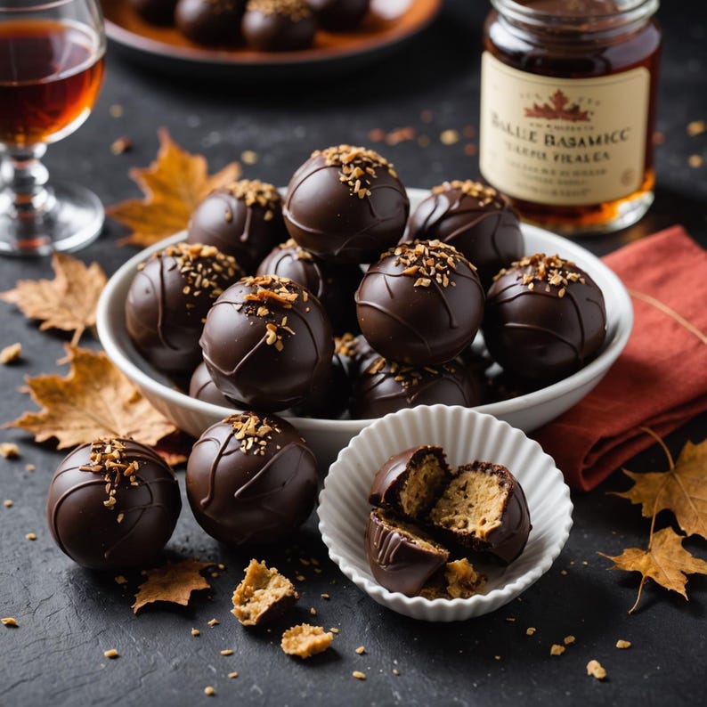 May include: A close-up of chocolate truffles in a white bowl, with a cut truffle revealing a light-colored interior. The truffles are dark brown, drizzled with chocolate, and topped with chopped nuts. A jar of maple balsamic vinegar is in the background.