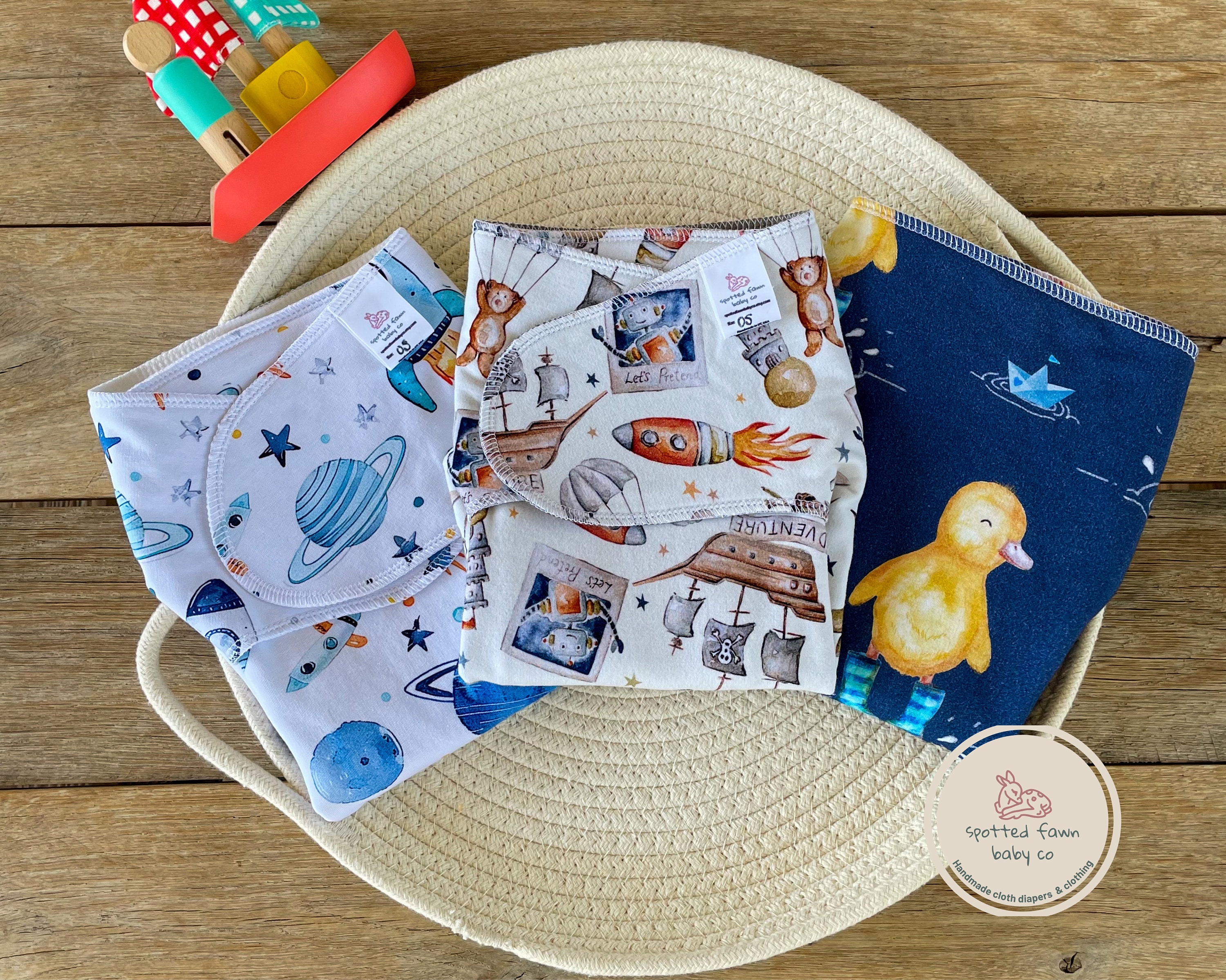 Newborn Baby Cloth Diaper Cover - Hook & Loop Closure, Stars & Whales Print (No Insert)