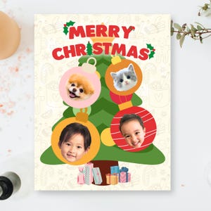 Cartão de foto personalizado de Natal e família digital, cartão de natal de CARTOON, presente exclusivo e personalizado, biscoito de gengibre, árvore