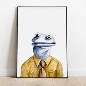 May include: A watercolor painting of a gray frog wearing a yellow shirt and a brown tie. The frog has a wide smile and large, round eyes.