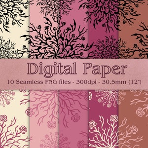 May include: Digital paper set featuring ten seamless PNG files with floral and branch designs. The color palette includes shades of cream, pink, and burgundy. The text "Digital Paper" is displayed prominently.