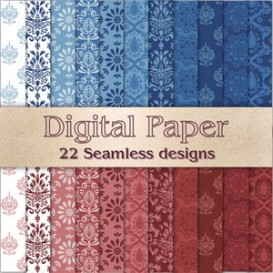 Papiers numériques élégants Demask et Floral Seamless : 21 fichiers PNG rouges et bleus. Pour un usage personnel ou commercial.